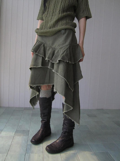 ang project Army Green Torn Edge Layered Asymmetrical High Waist Workwear Women&