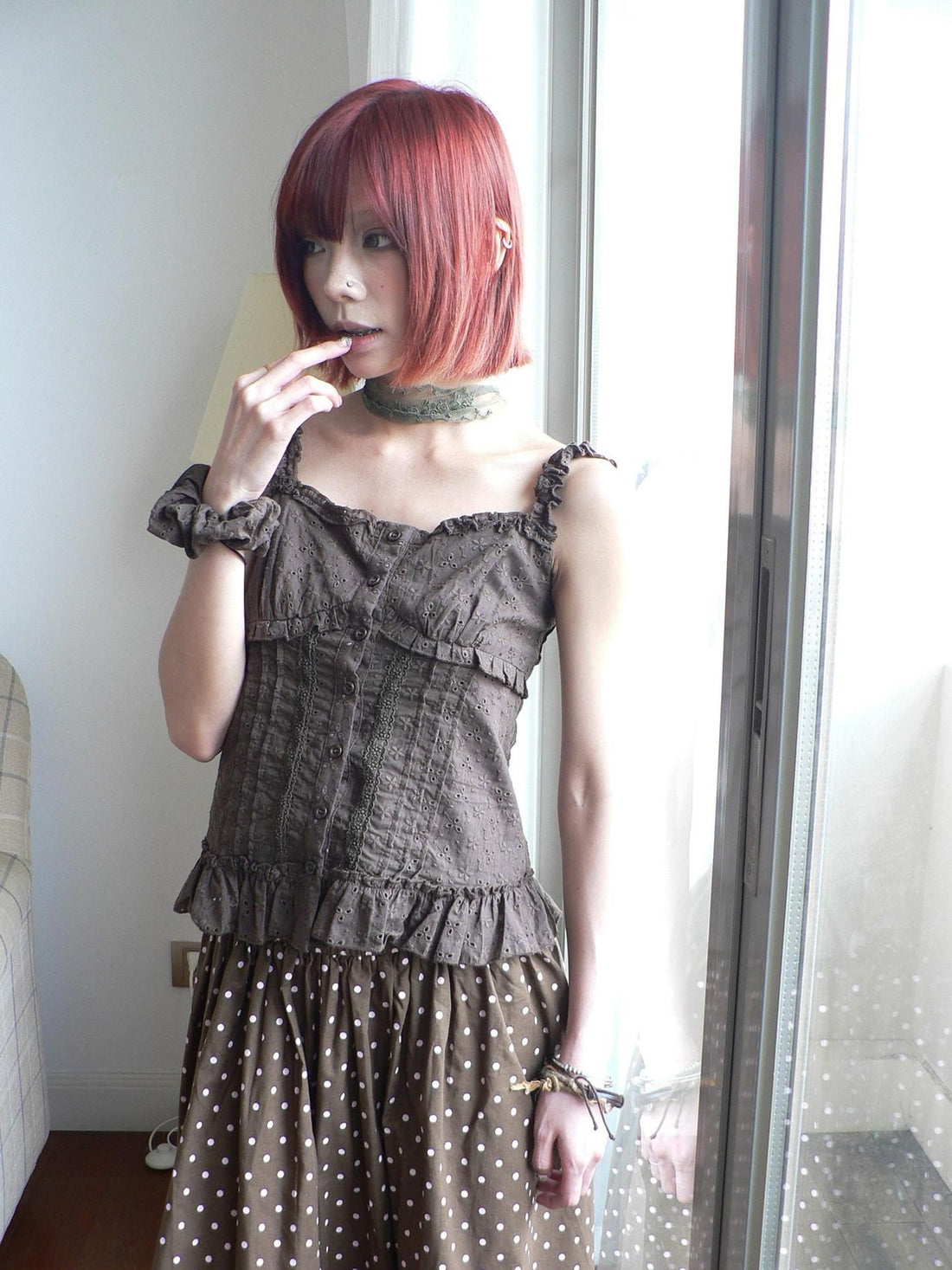 ang project Asian Vintage Cutout Lace Panel Ruffle Edge Waist Women&