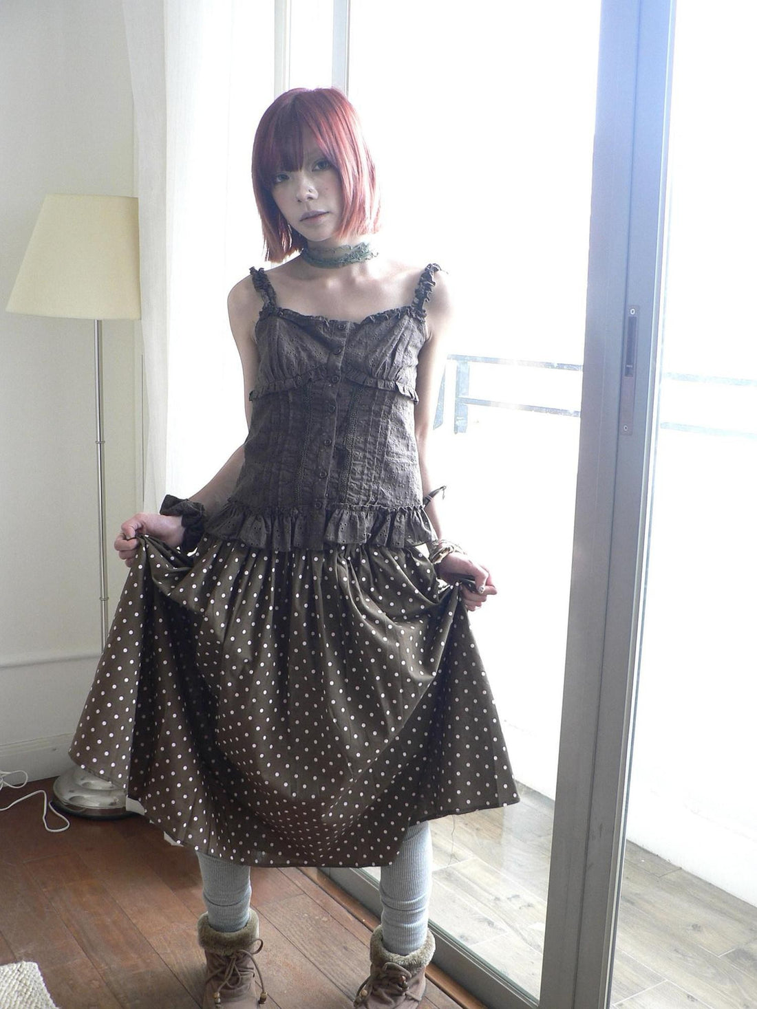 ang project Asian Vintage Cutout Lace Panel Ruffle Edge Waist Women&