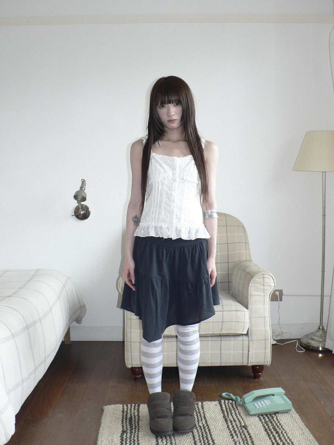 ang project Asian Vintage Cutout Lace Panel Ruffle Edge Waist Women&