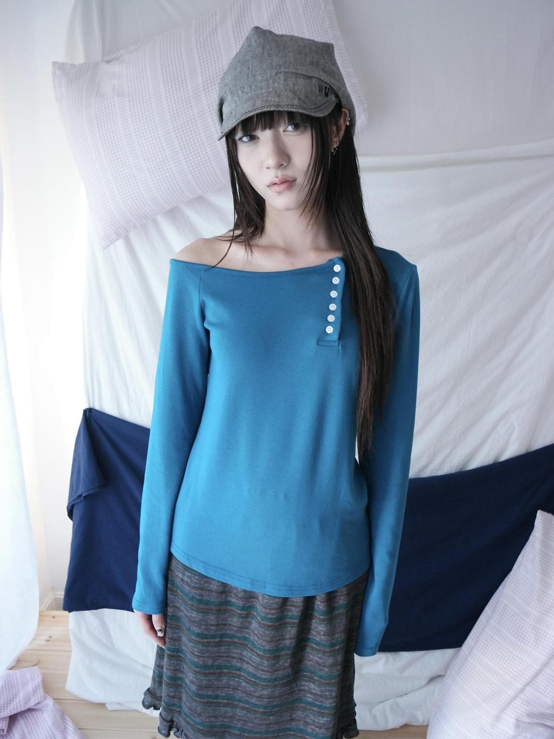 ang project Asymmetric Neck Button Korean Women&