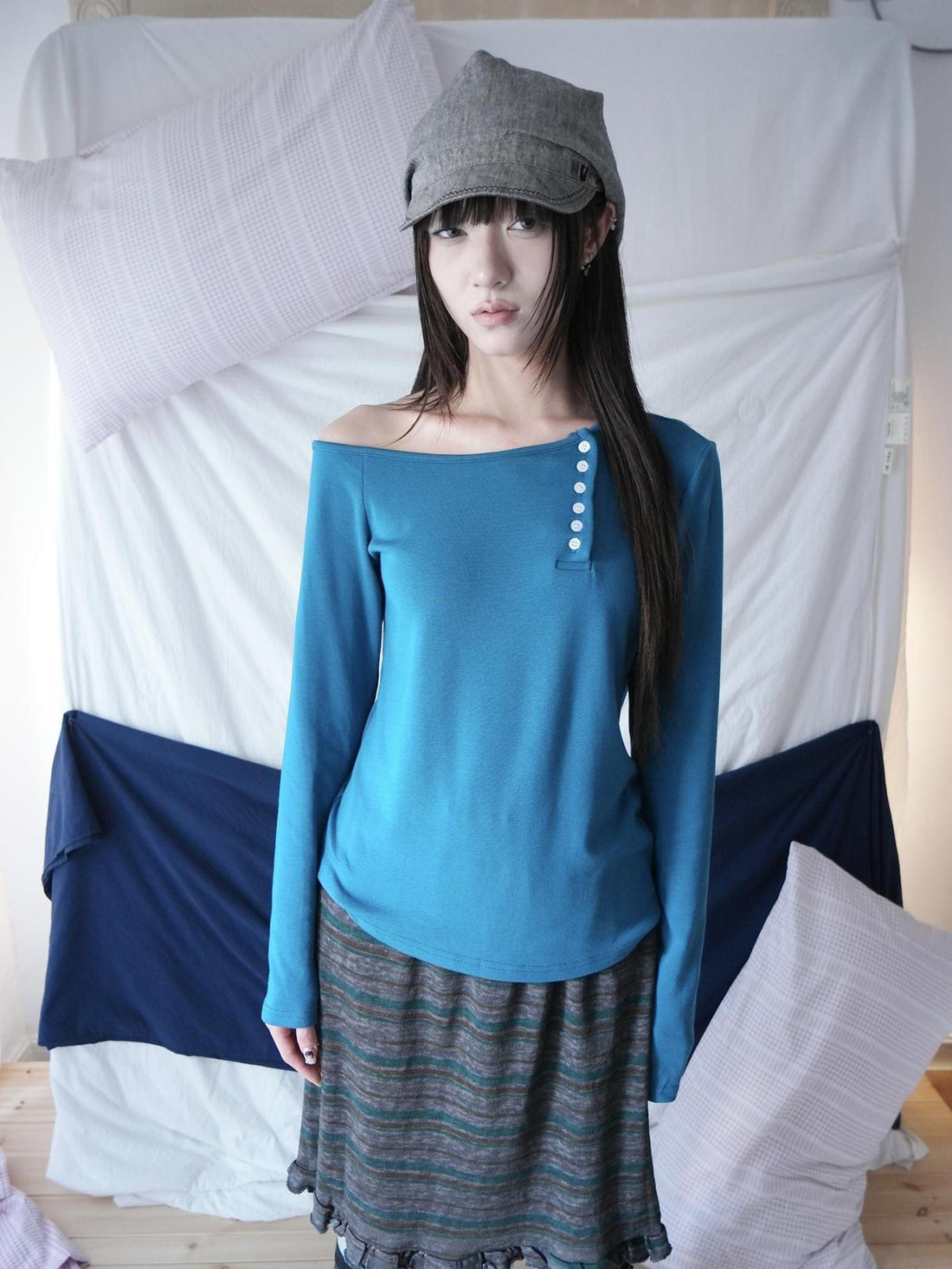 ang project Asymmetric Neck Button Korean Women&