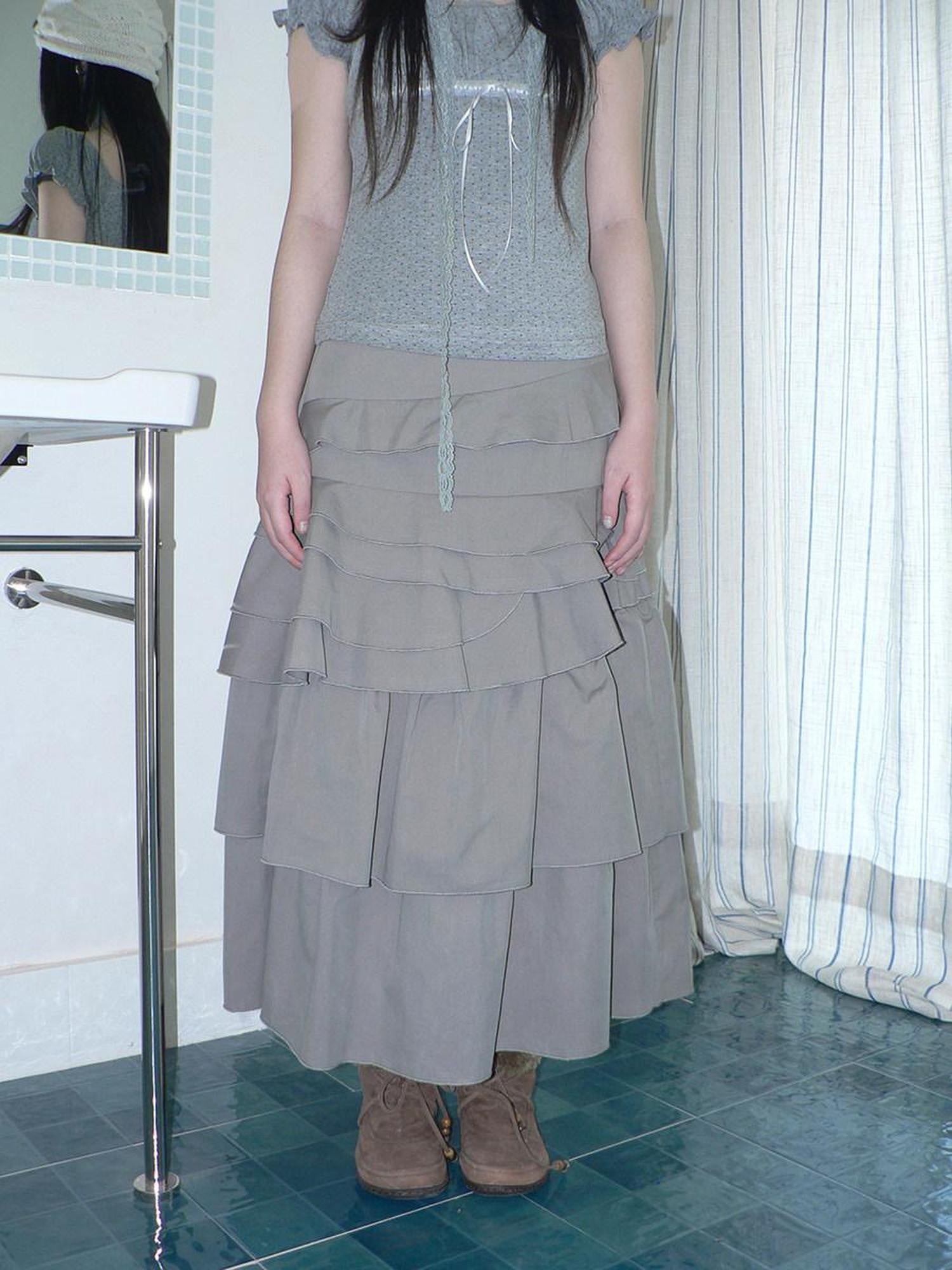 ang project Asymmetric Pleated Korean High Waist Light Gray Tiered Women Maxi Skirt