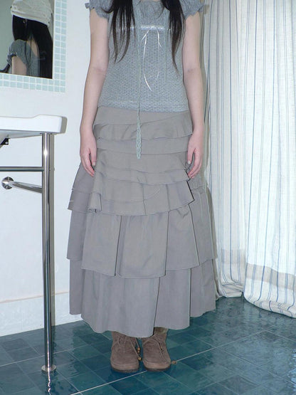 ang project Asymmetric Pleated Korean High Waist Light Gray Tiered Women Maxi Skirt