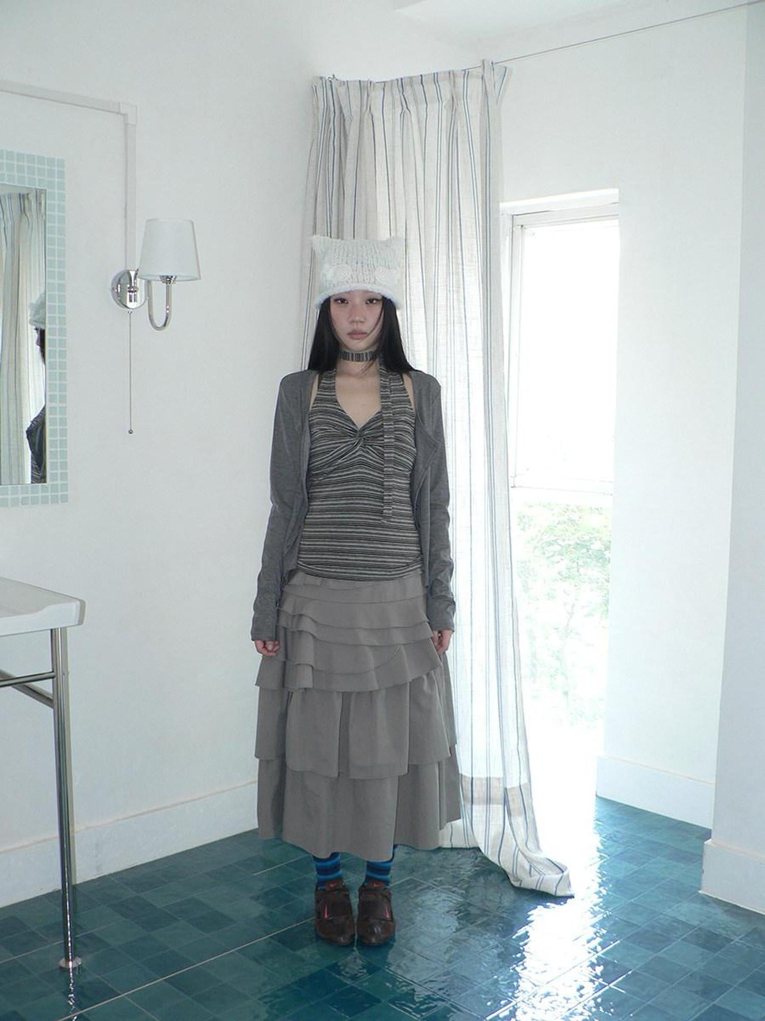 ang project Asymmetric Pleated Korean High Waist Light Gray Tiered Women Maxi Skirt