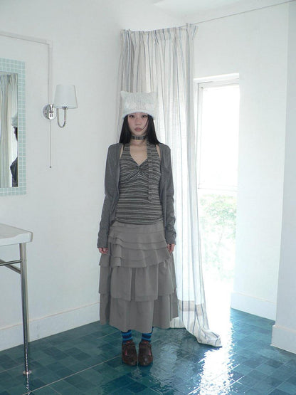ang project Asymmetric Pleated Korean High Waist Light Gray Tiered Women Maxi Skirt