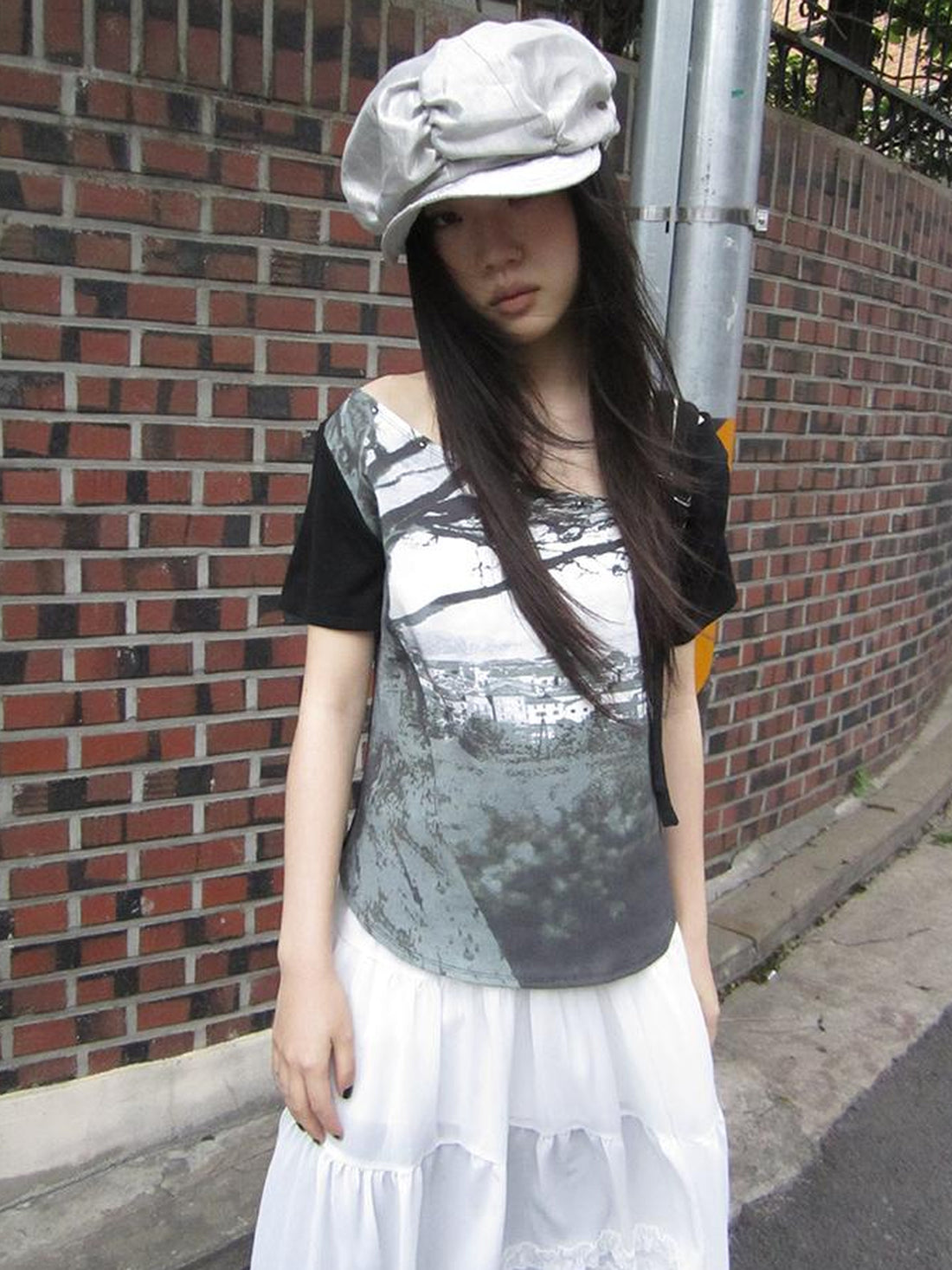 Updateang project Asymmetric Shoulder Color Block Print Tee
