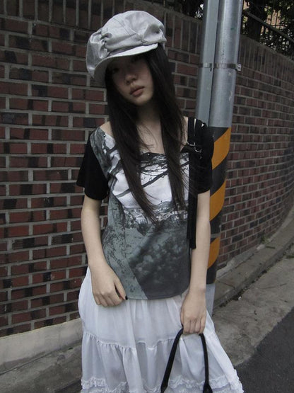 Updateang project Asymmetric Shoulder Color Block Print Tee