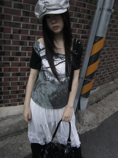 Updateang project Asymmetric Shoulder Color Block Print Tee