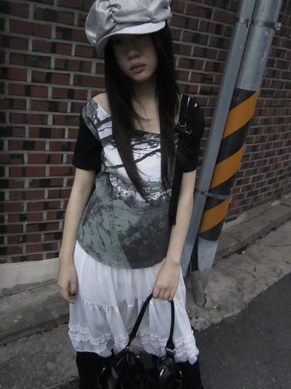 Asymmetric Shoulder Color Block Print Tee