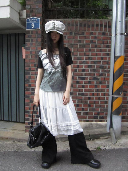Updateang project Asymmetric Shoulder Color Block Print Tee