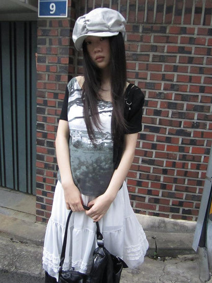 Updateang project Asymmetric Shoulder Color Block Print Tee