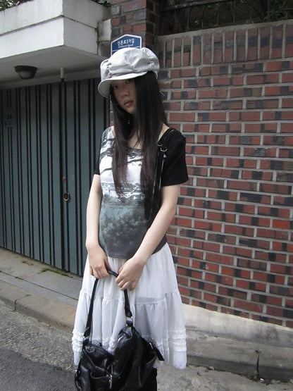 Updateang project Asymmetric Shoulder Color Block Print Tee