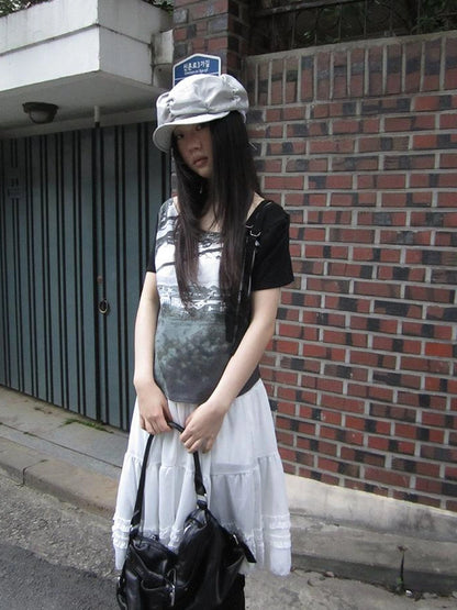 Asymmetric Shoulder Color Block Print Tee