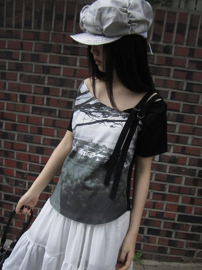 Updateang project Asymmetric Shoulder Color Block Print Tee