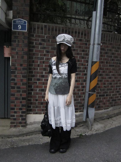 Updateang project Asymmetric Shoulder Color Block Print Tee