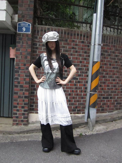 Asymmetric Shoulder Color Block Print Tee