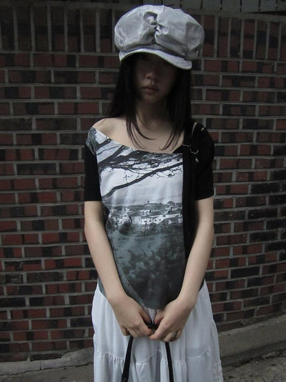 Updateang project Asymmetric Shoulder Color Block Print Tee