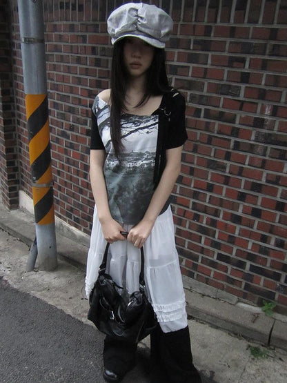 Updateang project Asymmetric Shoulder Color Block Print Tee