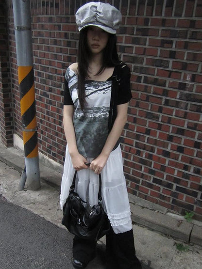 Asymmetric Shoulder Color Block Print Tee