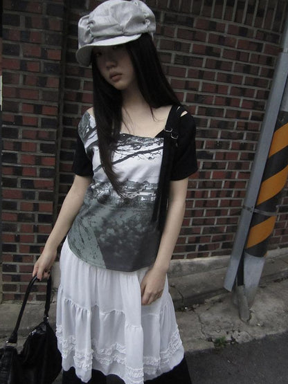 Updateang project Asymmetric Shoulder Color Block Print Tee