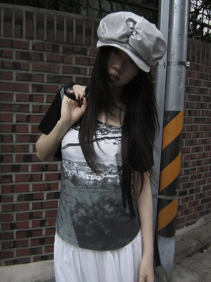 Updateang project Asymmetric Shoulder Color Block Print Tee