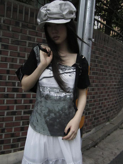 Updateang project Asymmetric Shoulder Color Block Print Tee