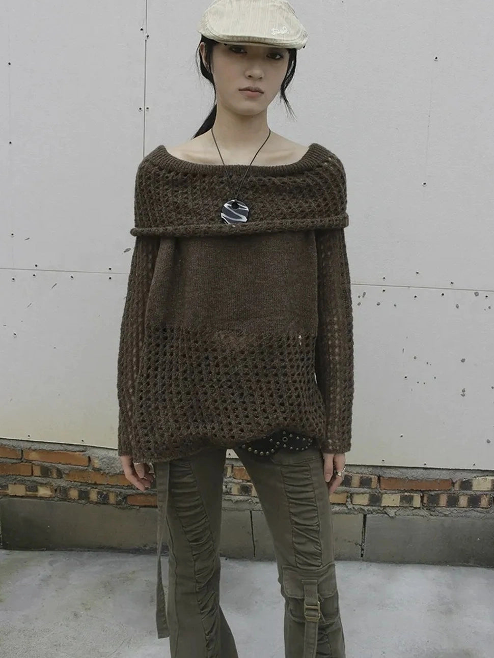 ang project Asymmetric Shoulder Distressed Knit Sweater Cardigan