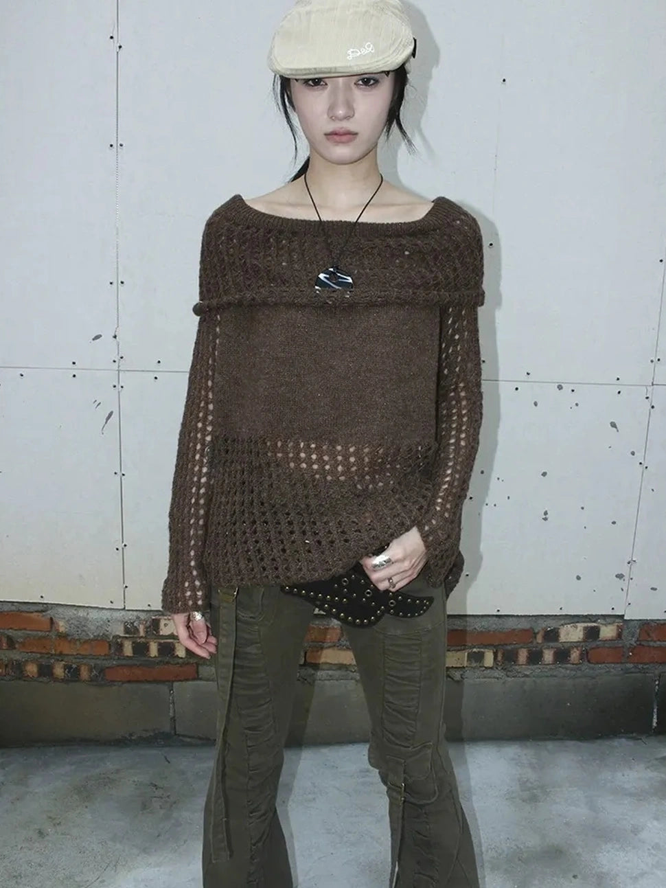ang project Asymmetric Shoulder Distressed Knit Sweater Cardigan
