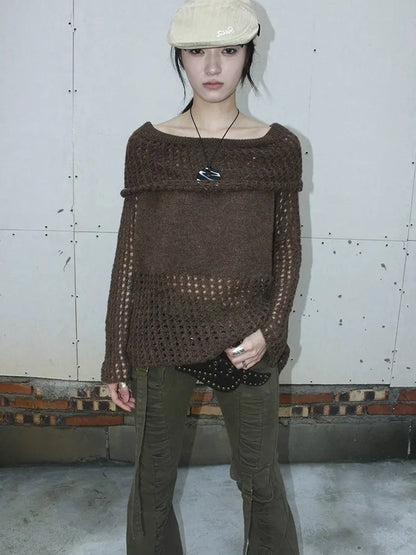 ang project Asymmetric Shoulder Distressed Knit Sweater Cardigan