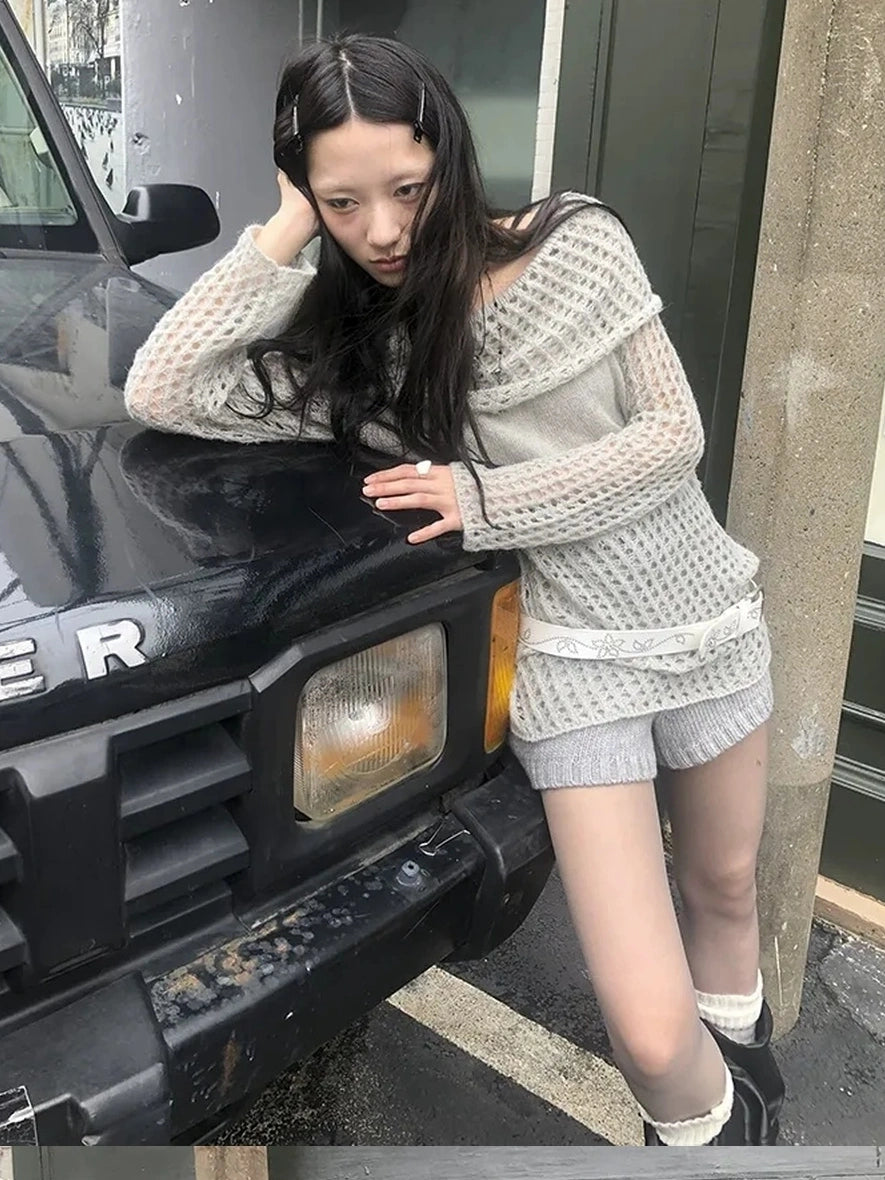 ang project Asymmetric Shoulder Distressed Knit Sweater Cardigan