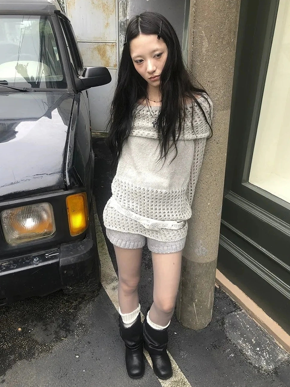 ang project Asymmetric Shoulder Distressed Knit Sweater Cardigan