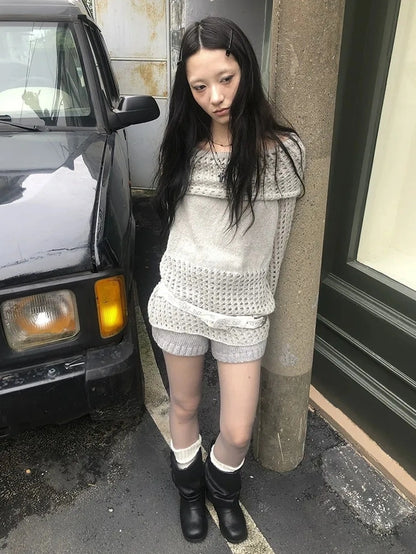 ang project Asymmetric Shoulder Distressed Knit Sweater Cardigan