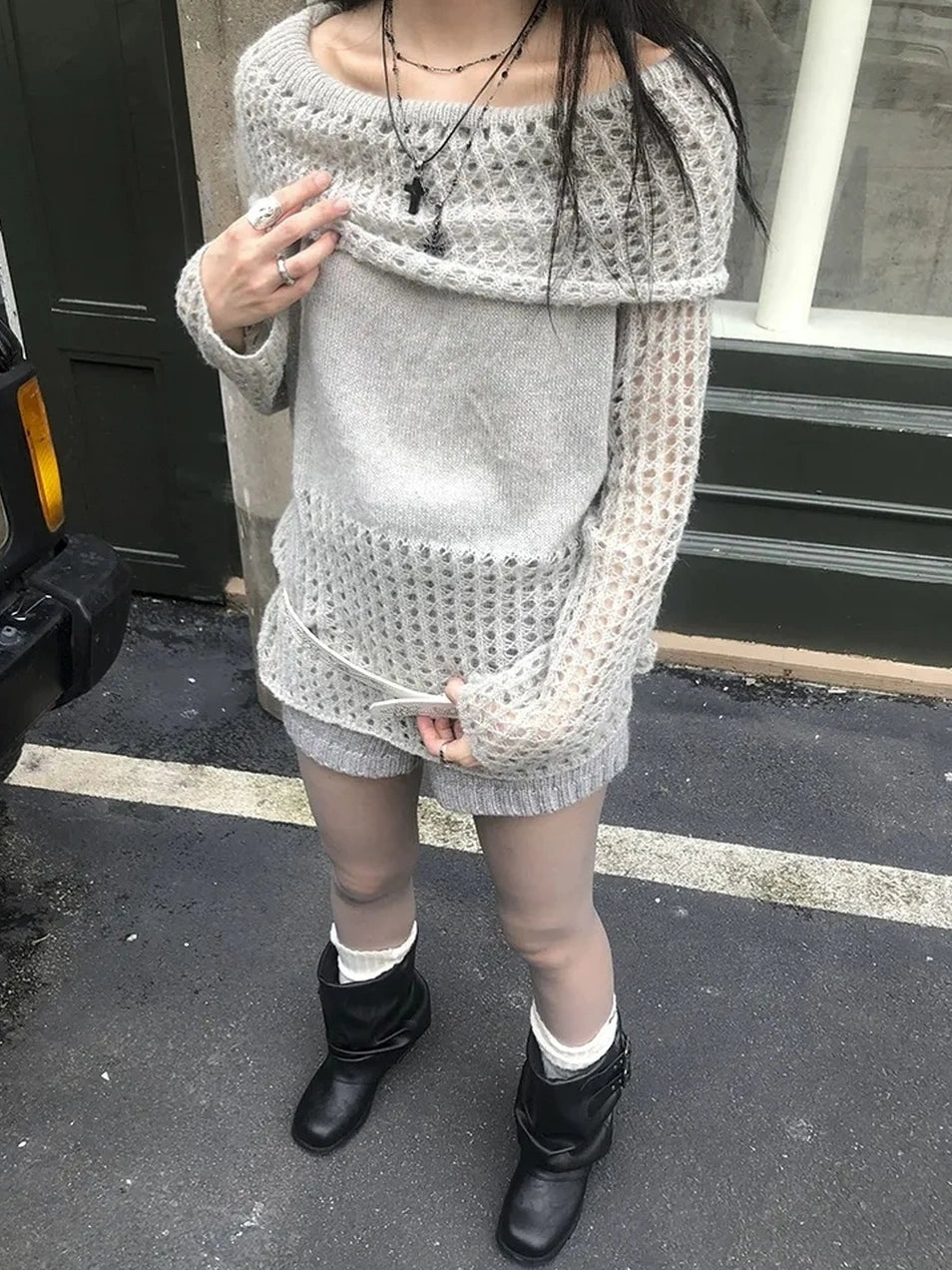 ang project Asymmetric Shoulder Distressed Knit Sweater Cardigan