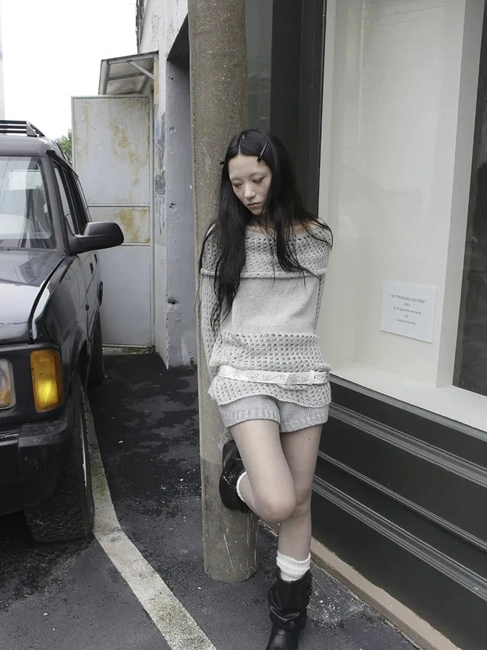 ang project Asymmetric Shoulder Distressed Knit Sweater Cardigan