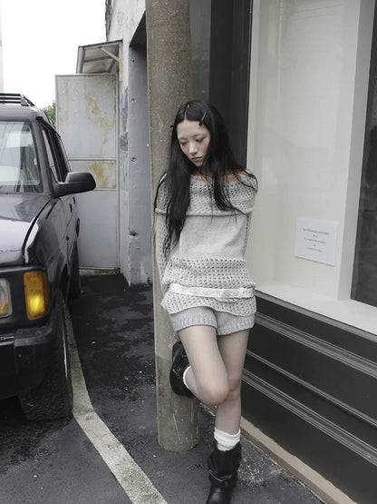 ang project Asymmetric Shoulder Distressed Knit Sweater Cardigan