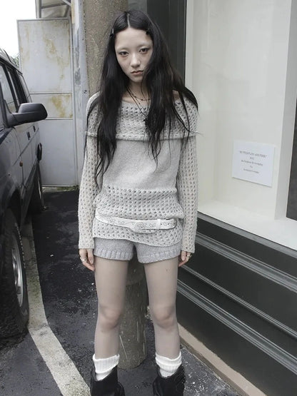 ang project Asymmetric Shoulder Distressed Knit Sweater Cardigan