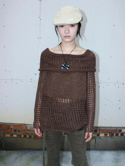 ang project Asymmetric Shoulder Distressed Knit Sweater Cardigan