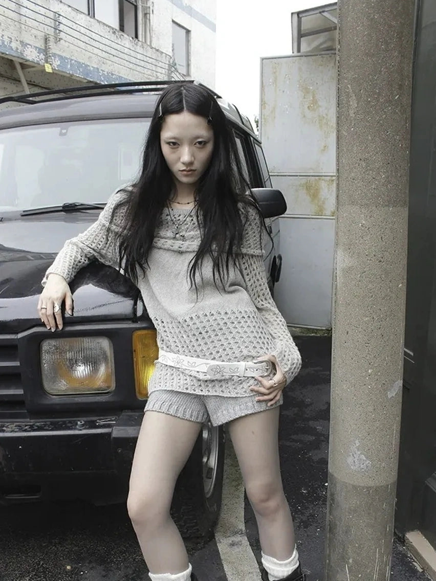 ang project Asymmetric Shoulder Distressed Knit Sweater Cardigan