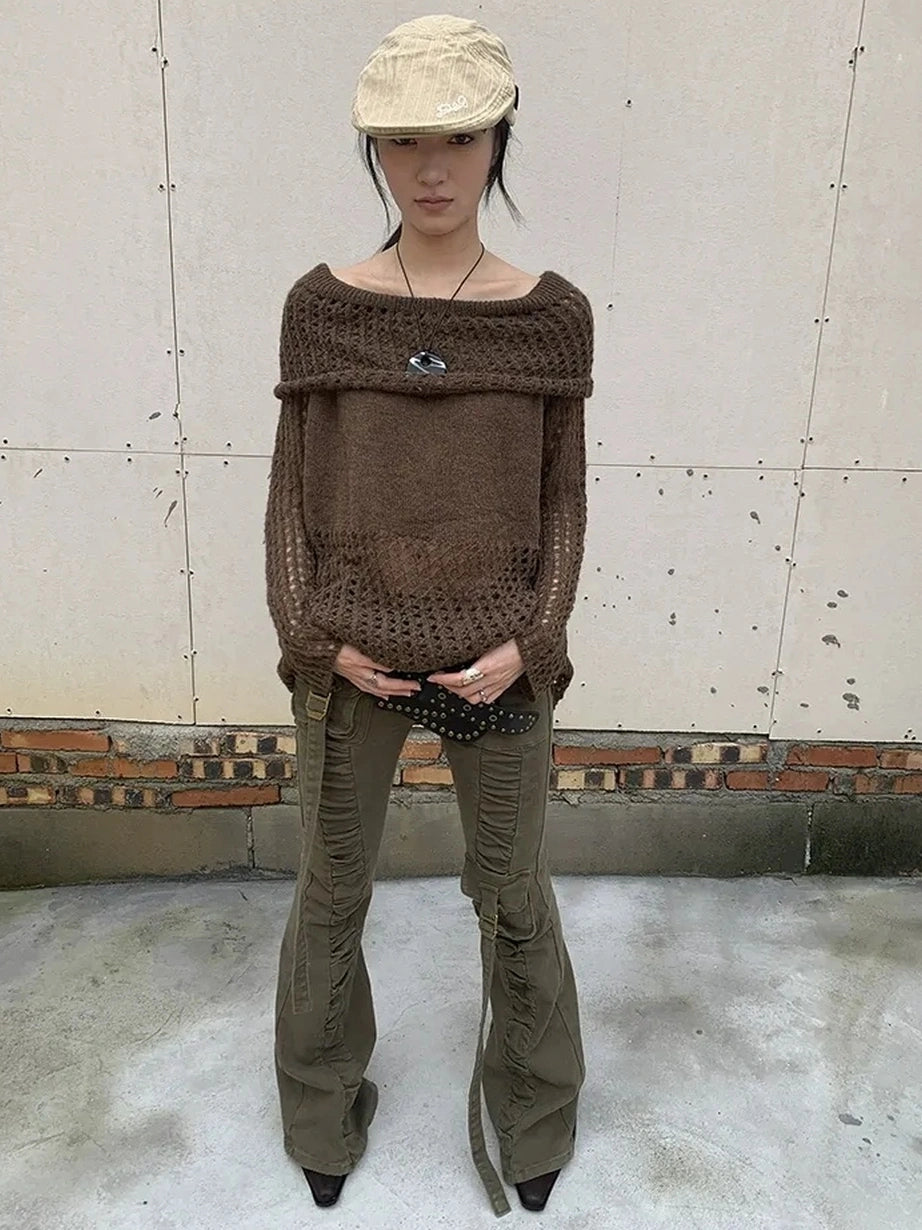 ang project Asymmetric Shoulder Distressed Knit Sweater Cardigan
