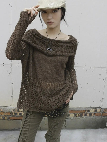 ang project Asymmetric Shoulder Distressed Knit Sweater Cardigan