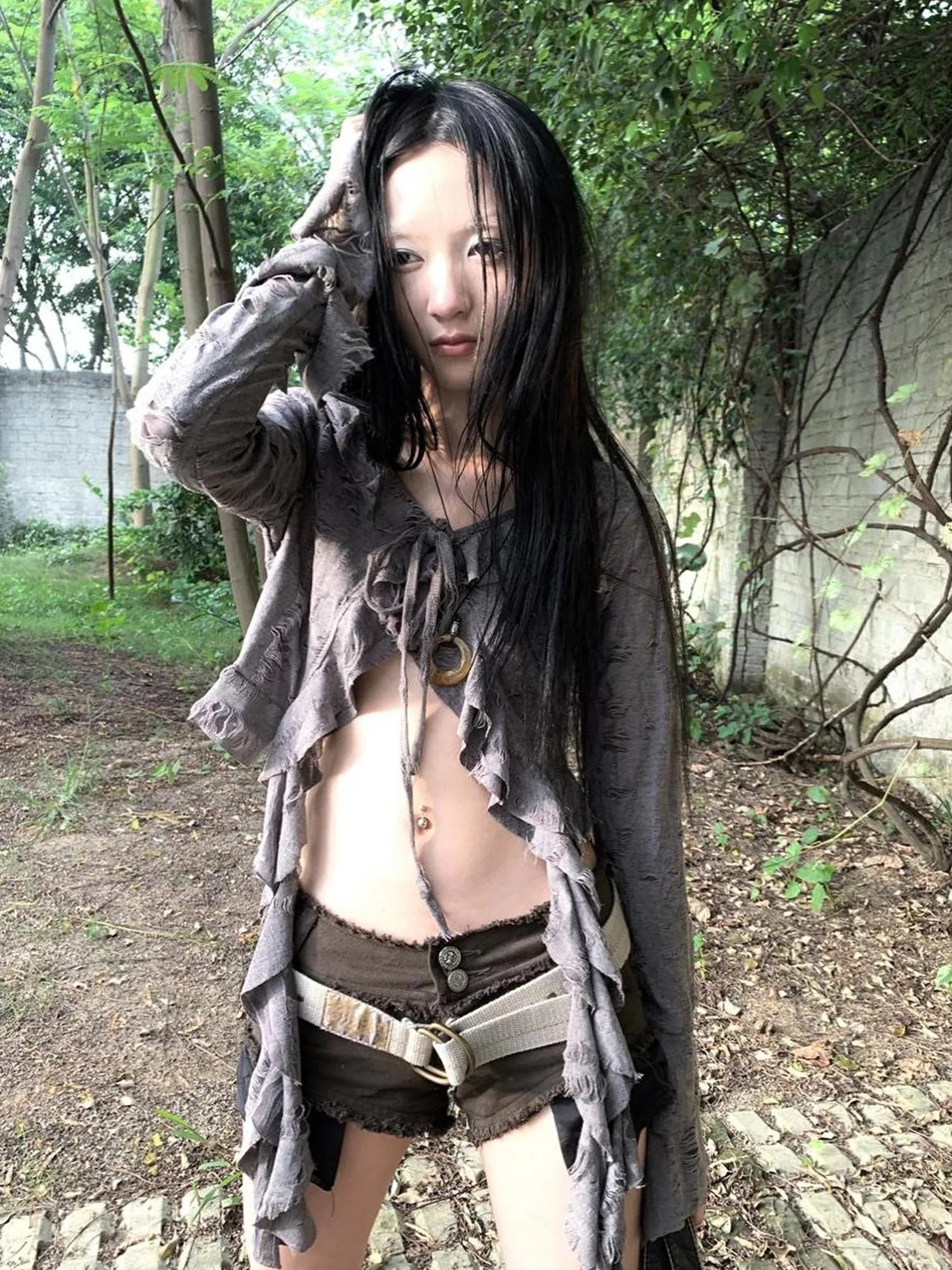 ang project Asymmetric V-neck Cutout Blouse With Floral Ties Shirts