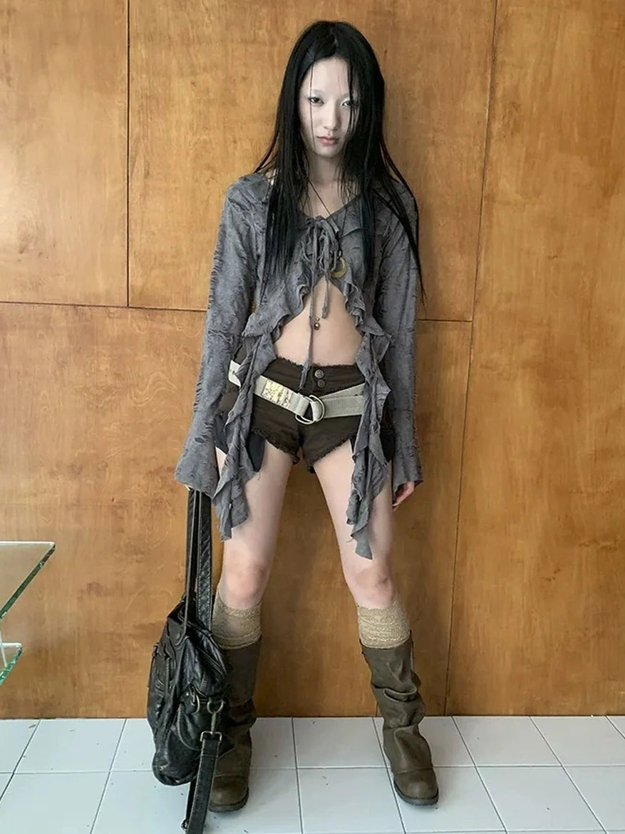 ang project Asymmetric V-neck Cutout Blouse With Floral Ties Shirts