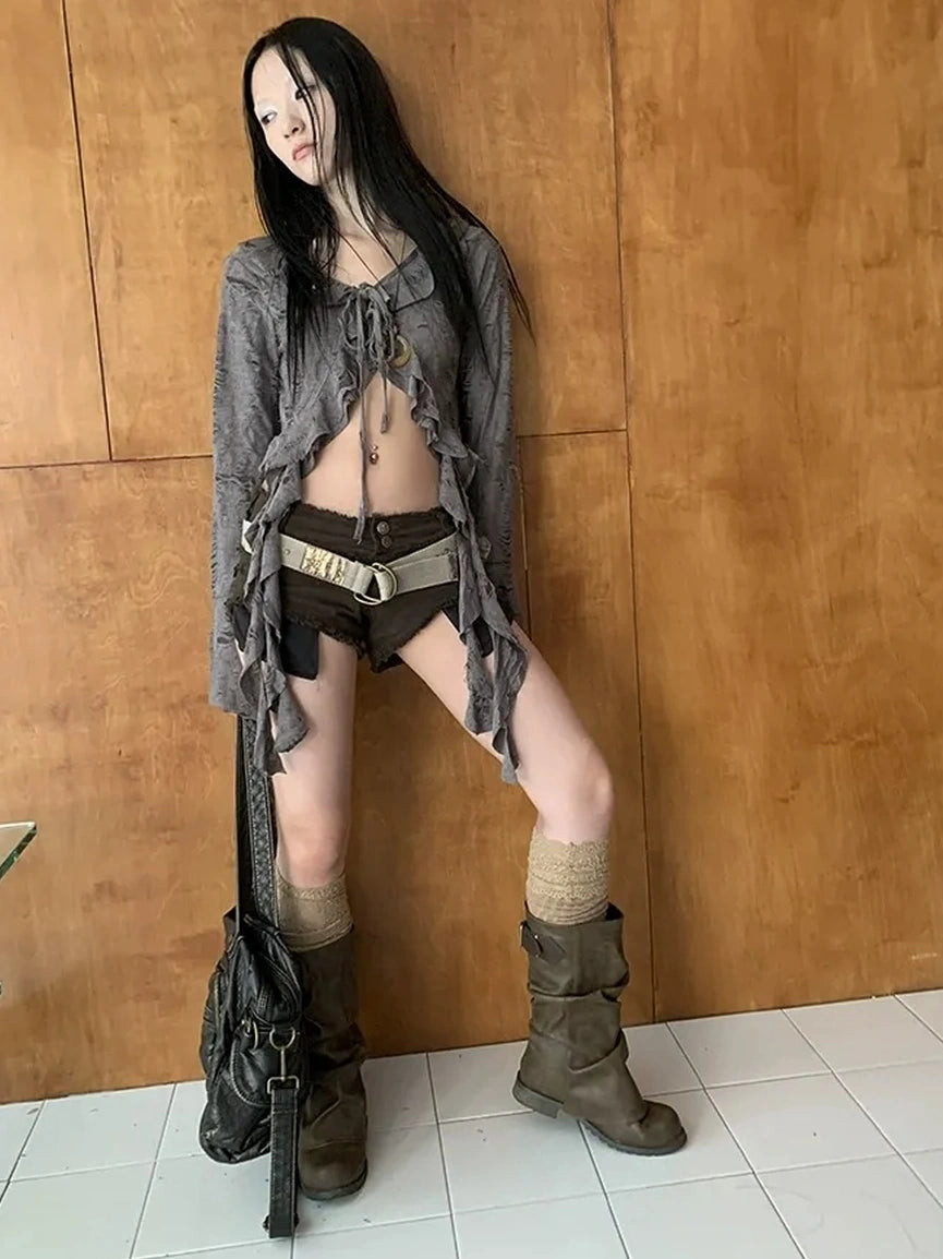 ang project Asymmetric V-neck Cutout Blouse With Floral Ties Shirts