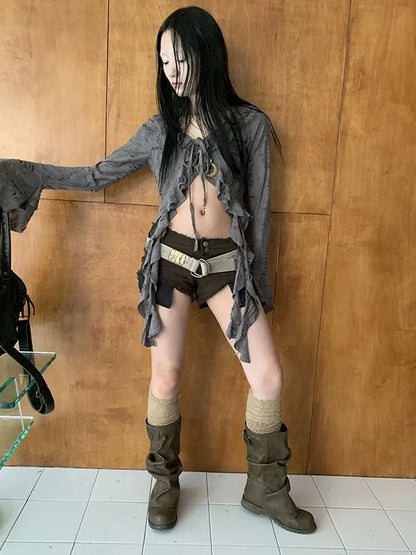 ang project Asymmetric V-neck Cutout Blouse With Floral Ties Shirts