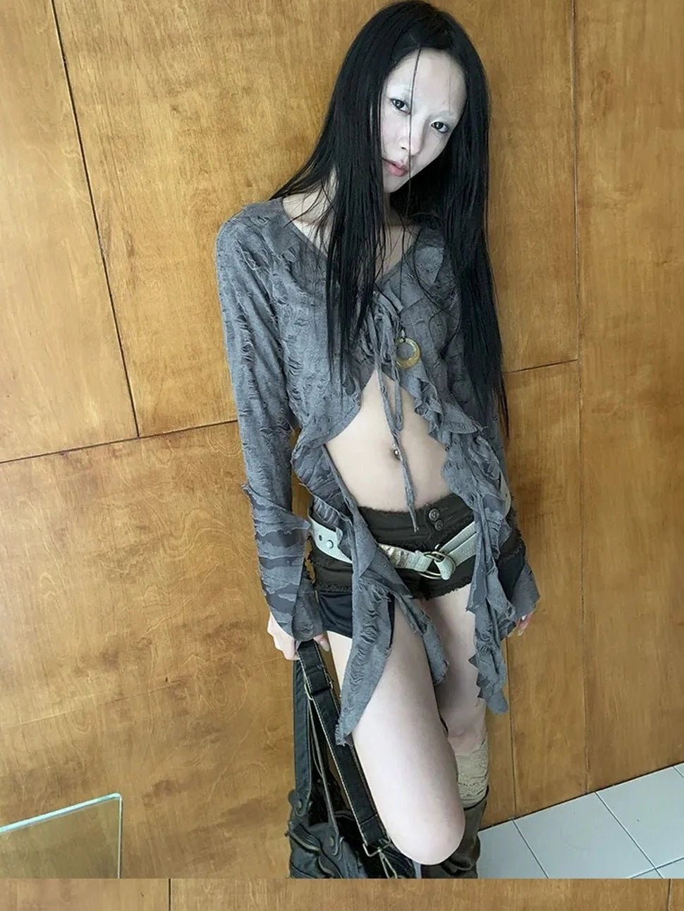 ang project Asymmetric V-neck Cutout Blouse With Floral Ties Shirts