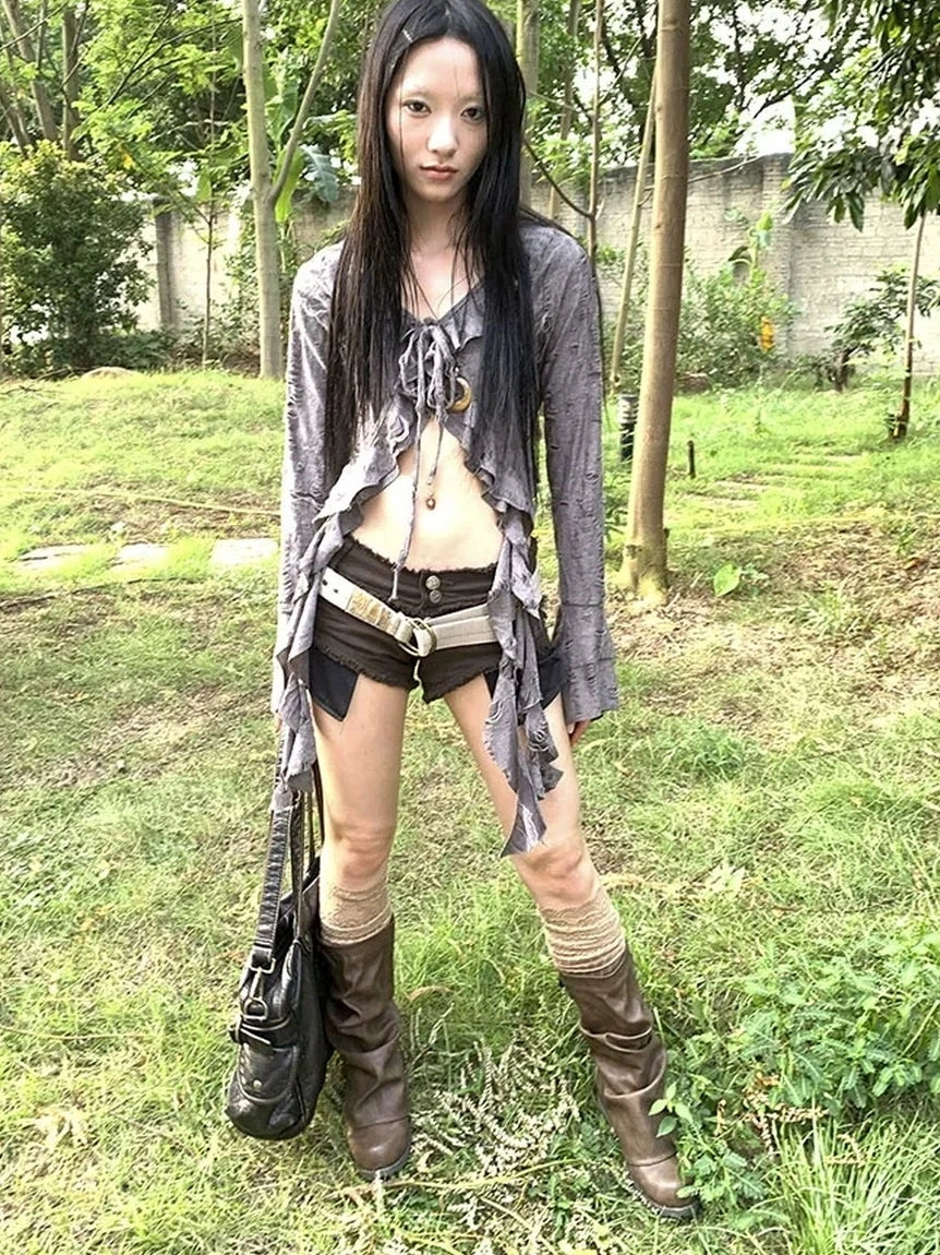 ang project Asymmetric V-neck Cutout Blouse With Floral Ties Shirts