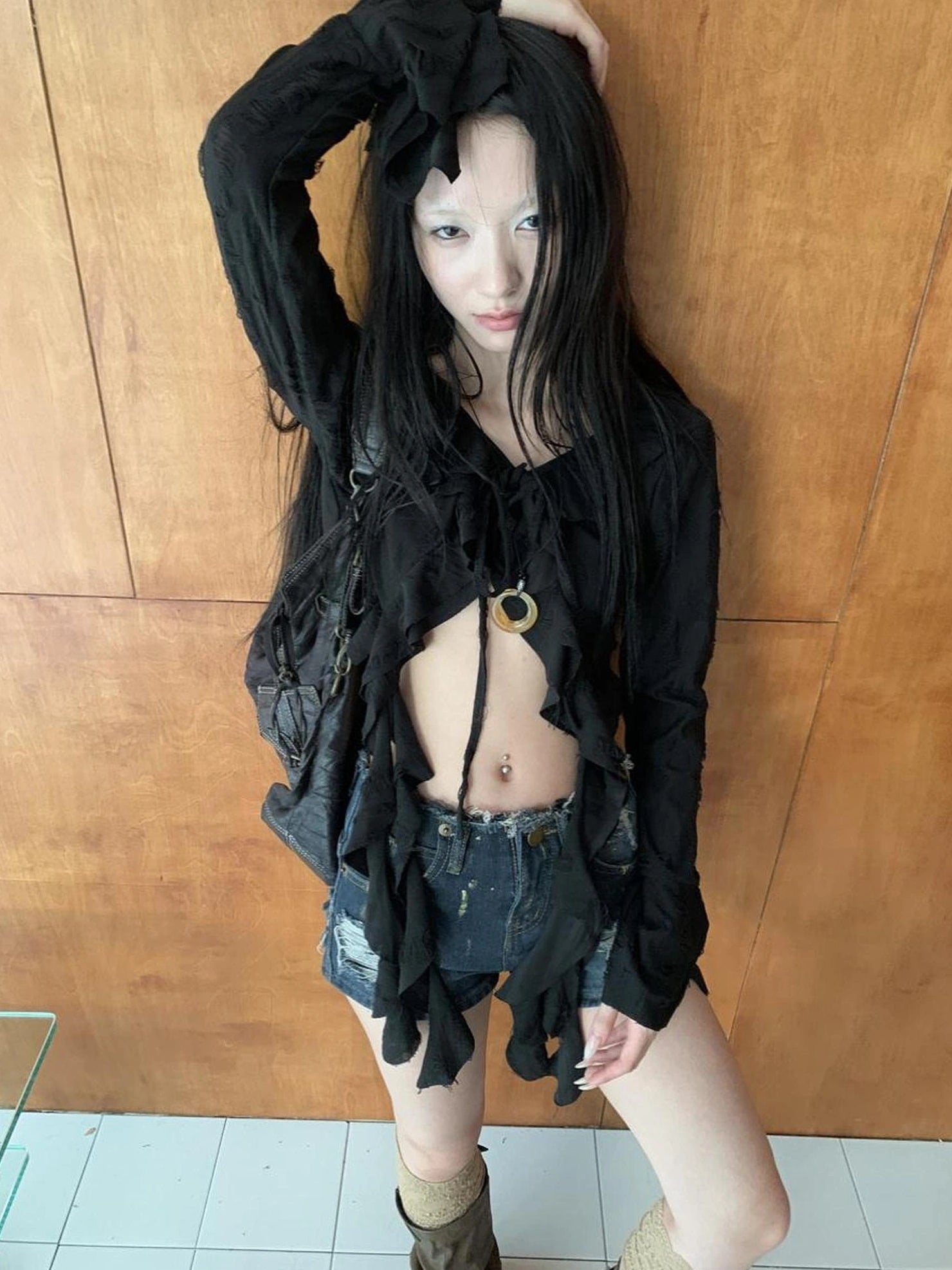 ang project Asymmetric V-neck Cutout Blouse With Floral Ties Shirts