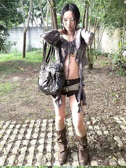 ang project Asymmetric V-neck Cutout Blouse With Floral Ties Shirts