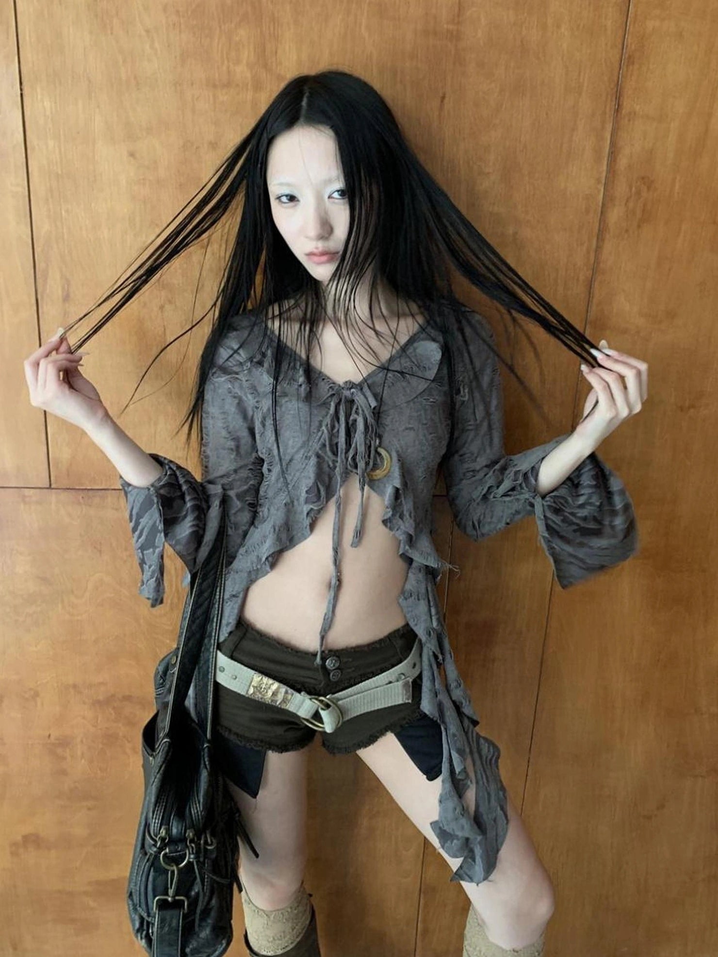 ang project Asymmetric V-neck Cutout Blouse With Floral Ties Shirts